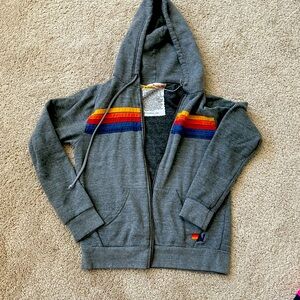 STRIPE HOODIE - HEATHER GREY // NEON RAINBOW